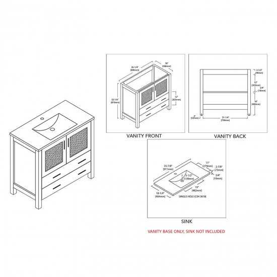 Sydney 36 Inch Vanity Base Only - White