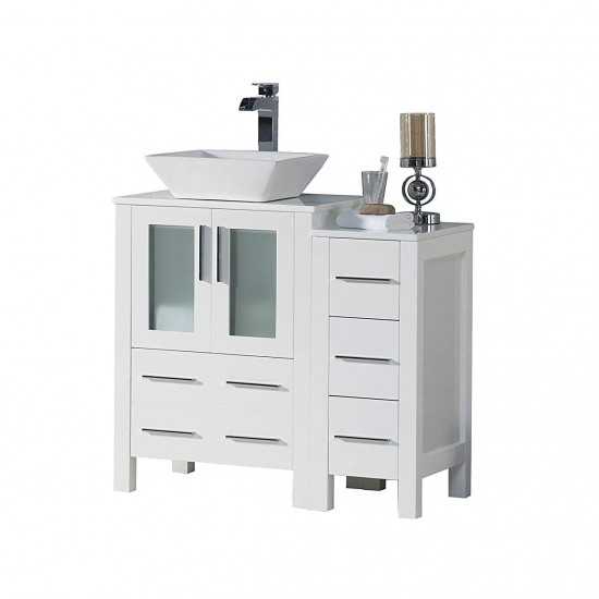 Sydney 36 Inch Vanity with Ceramic Vessel Sink & Side Cabinet - White