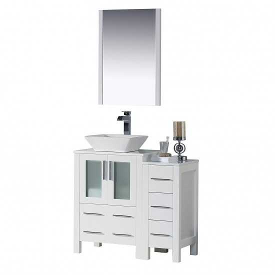 Sydney 36 Inch Vanity with Ceramic Vessel Sink & Mirror & Side Cabinet - White