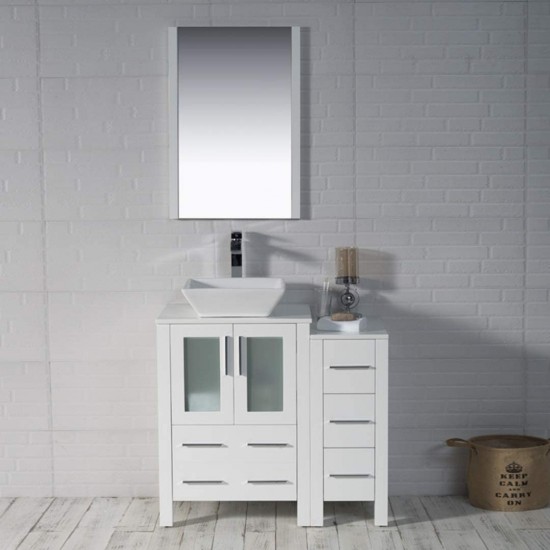 Sydney 36 Inch Vanity with Ceramic Vessel Sink & Mirror & Side Cabinet - White