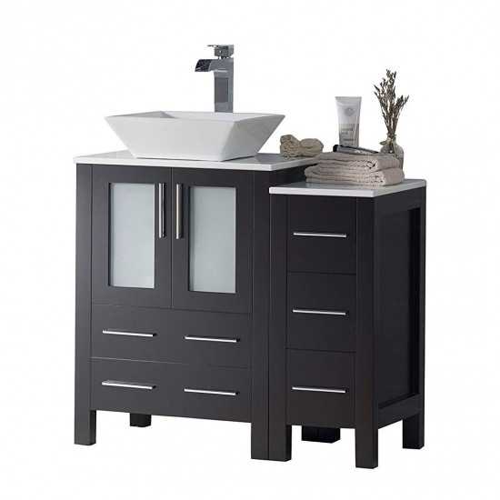 Sydney 36 Inch Vanity with Ceramic Vessel Sink & Side Cabinet - Espresso