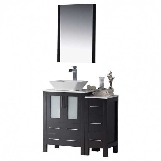 36 Inch Vanity with Ceramic Vessel Sink & Mirror & Side Cabinet - Espresso