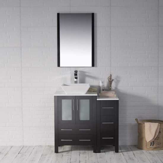 36 Inch Vanity with Ceramic Vessel Sink & Mirror & Side Cabinet - Espresso