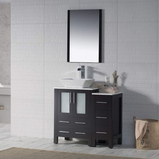 36 Inch Vanity with Ceramic Vessel Sink & Mirror & Side Cabinet - Espresso