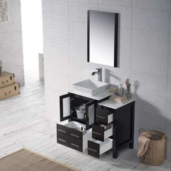 36 Inch Vanity with Ceramic Vessel Sink & Mirror & Side Cabinet - Espresso