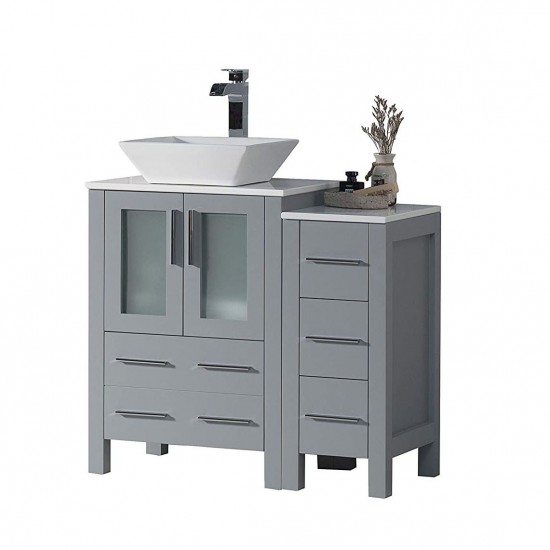 Sydney 36 Inch Vanity with Ceramic Vessel Sink & Side Cabinet - Metal Grey