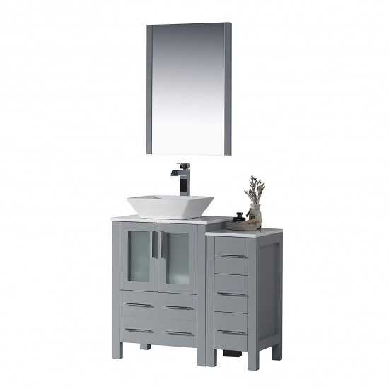 36 Inch Vanity with Ceramic Vessel Sink & Mirror & Side Cabinet - Metal Grey