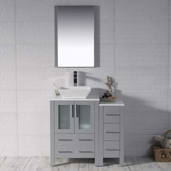 36 Inch Vanity with Ceramic Vessel Sink & Mirror & Side Cabinet - Metal Grey