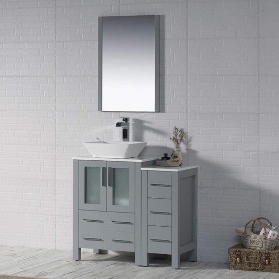 36 Inch Vanity with Ceramic Vessel Sink & Mirror & Side Cabinet - Metal Grey