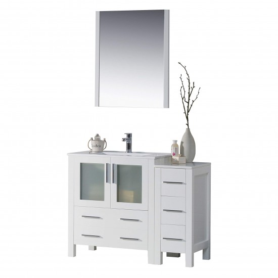 Sydney 42 Inch Vanity with Ceramic Sink & Mirror & Side Cabinet - White
