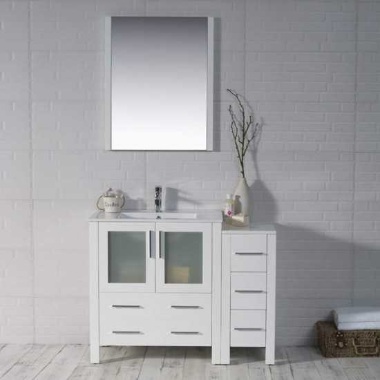 Sydney 42 Inch Vanity with Ceramic Sink & Mirror & Side Cabinet - White