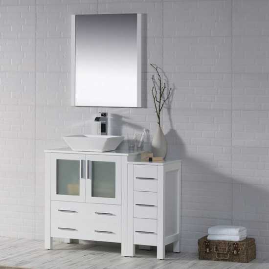 Sydney 42 Inch Vanity with Ceramic Vessel Sink & Mirror & Side Cabinet - White