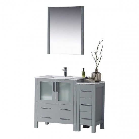 Sydney 42 Inch Vanity with Ceramic Sink & Mirror & Side Cabinet - Metal Grey