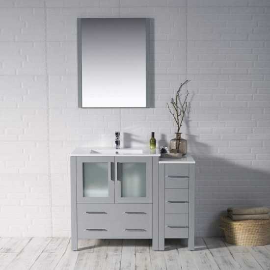 Sydney 42 Inch Vanity with Ceramic Sink & Mirror & Side Cabinet - Metal Grey