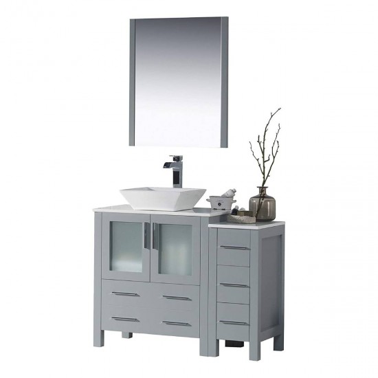 42 Inch Vanity with Ceramic Vessel Sink & Mirror & Side Cabinet - Metal Grey