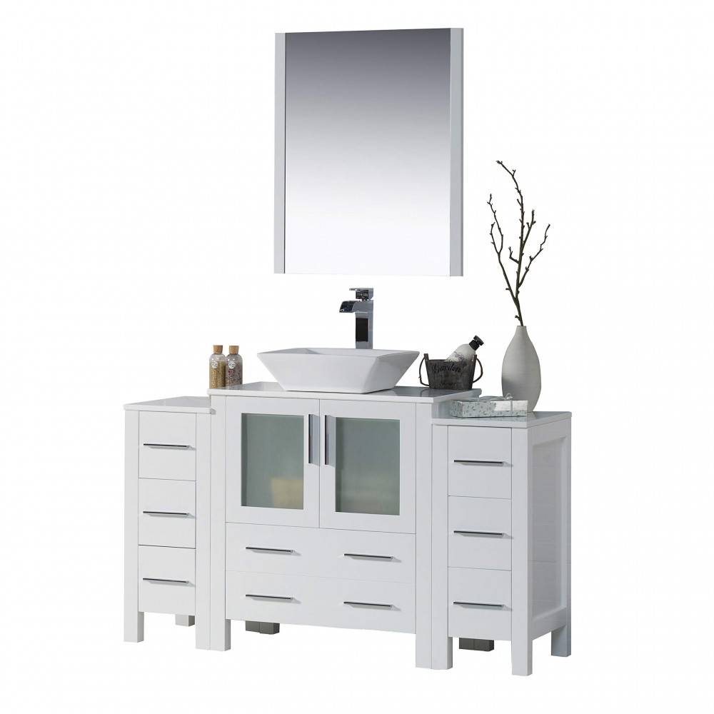 Sydney 54 Inch Vanity with Ceramic Vessel Sink & Mirror - White Sydney 54 Inch Vanity with Ceramic Vessel Sink & Mirror - White