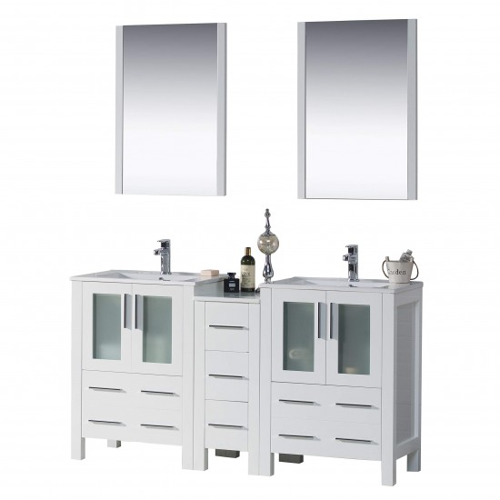 Sydney 60 Inch Vanity with Ceramic Double Sinks & Mirrors - White