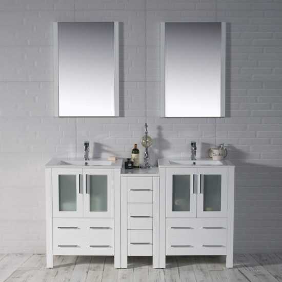 Sydney 60 Inch Vanity with Ceramic Double Sinks & Mirrors - White