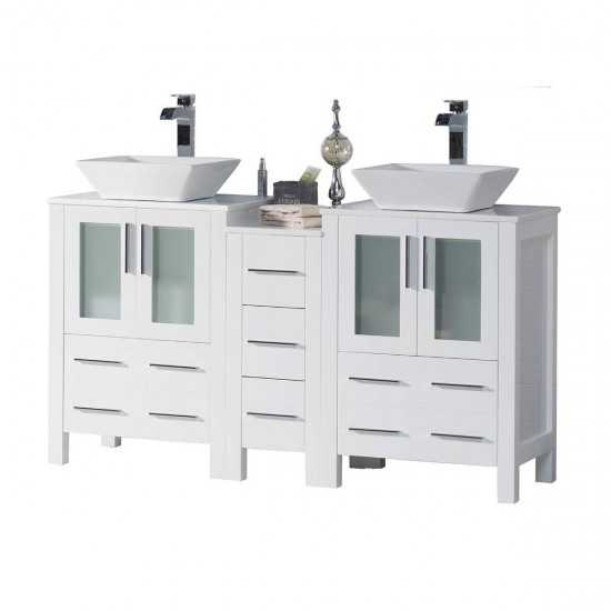 Sydney 60 Inch Vanity with Ceramic Double Vessel Sinks - White