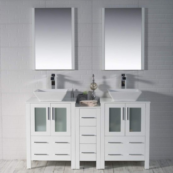 Sydney 60 Inch Vanity with Ceramic Double Vessel Sinks - White