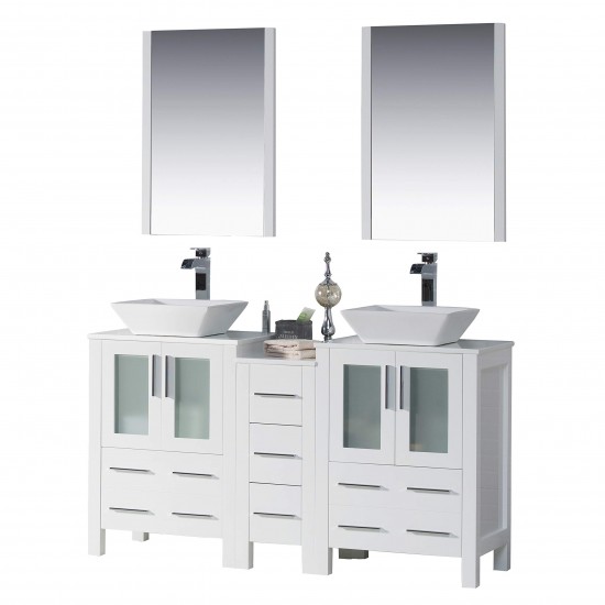 Sydney 60 Inch Vanity with Ceramic Double Vessel Sinks & Mirrors - White