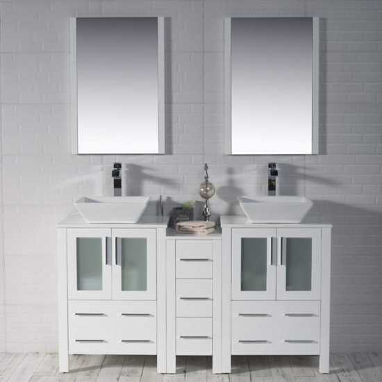 Sydney 60 Inch Vanity with Ceramic Double Vessel Sinks & Mirrors - White