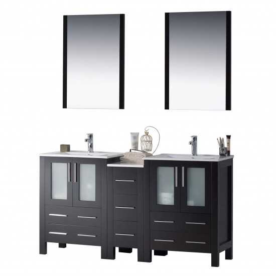 Sydney 60 Inch Vanity with Ceramic Double Sinks & Mirrors - Espresso