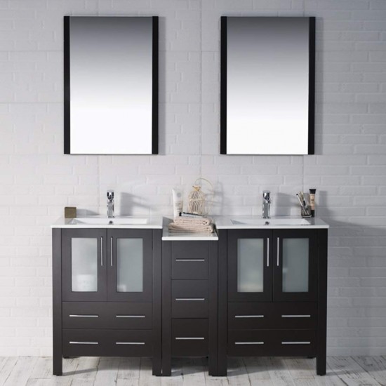 Sydney 60 Inch Vanity with Ceramic Double Sinks & Mirrors - Espresso