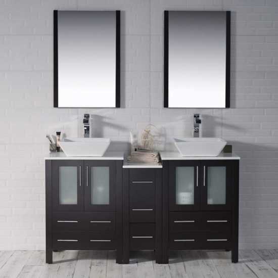 Sydney 60 Inch Vanity with Ceramic Double Vessel Sinks & Mirrors - Espresso