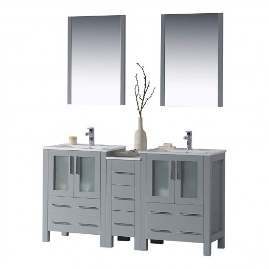 Sydney 60 Inch Vanity with Ceramic Double Sinks & Mirrors - Metal Gray