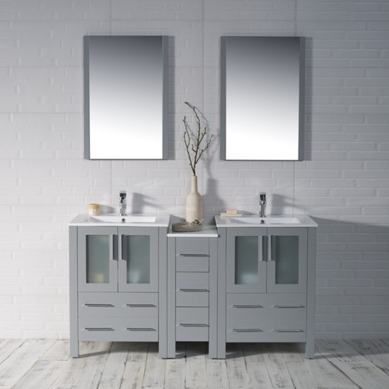 Sydney 60 Inch Vanity with Ceramic Double Sinks & Mirrors - Metal Gray