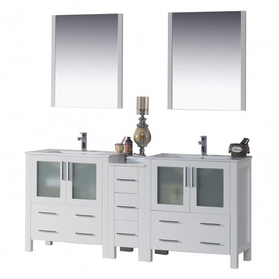 Sydney 72 Inch Vanity with Ceramic Double Sinks & Mirrors - White