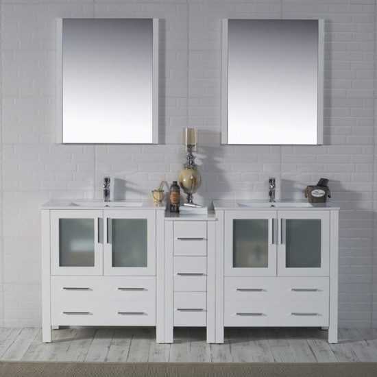 Sydney 72 Inch Vanity with Ceramic Double Sinks & Mirrors - White