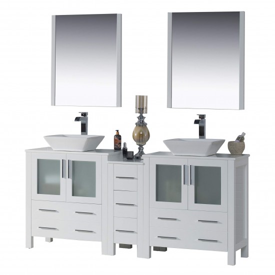 Sydney 72 Inch Vanity with Ceramic Double Vessel Sinks & Mirrors - White