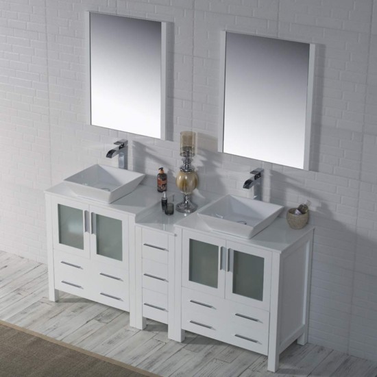 Sydney 72 Inch Vanity with Ceramic Double Vessel Sinks & Mirrors - White