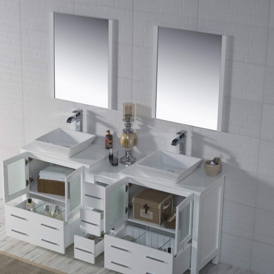 Sydney 72 Inch Vanity with Ceramic Double Vessel Sinks & Mirrors - White