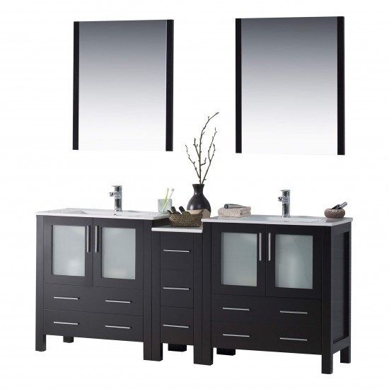 Sydney 72 Inch Vanity with Ceramic Double Sinks & Mirrors - Espresso