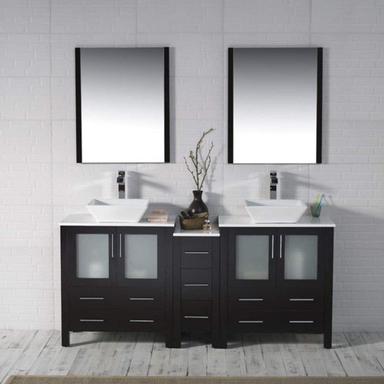 Sydney 72 Inch Vanity with Ceramic Double Vessel Sinks & Mirrors - Espresso