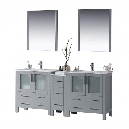 Sydney 72 Inch Vanity with Ceramic Double Sinks & Mirrors - Metal Gray