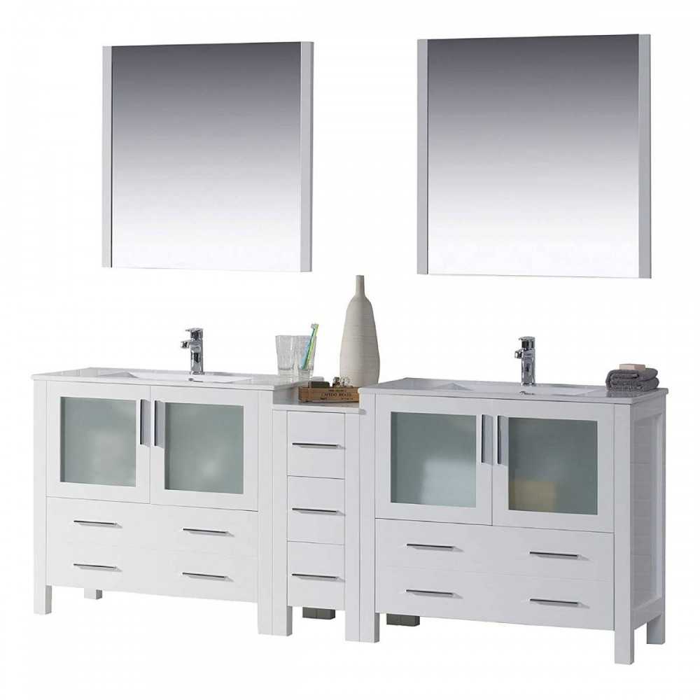 Sydney 84 Inch Vanity with Ceramic Double Sinks & Mirrors - White