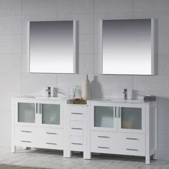 Sydney 84 Inch Vanity with Ceramic Double Sinks & Mirrors - White