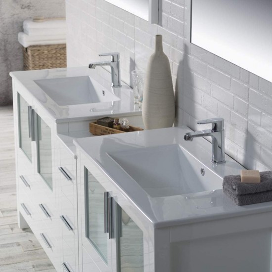 Sydney 84 Inch Vanity with Ceramic Double Sinks & Mirrors - White