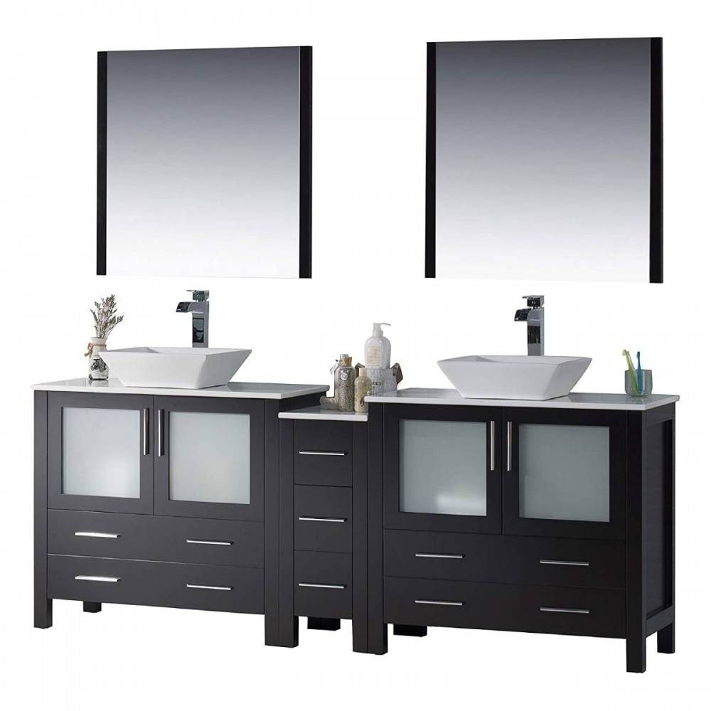 Sydney 84 Inch Vanity with Ceramic Double Vessel Sinks & Mirrors - Espresso