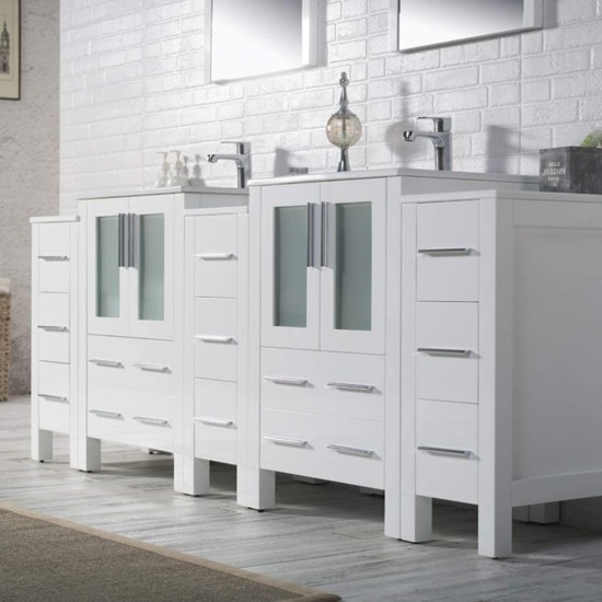 Sydney 84 Inch Vanity with Ceramic Double Sinks - White