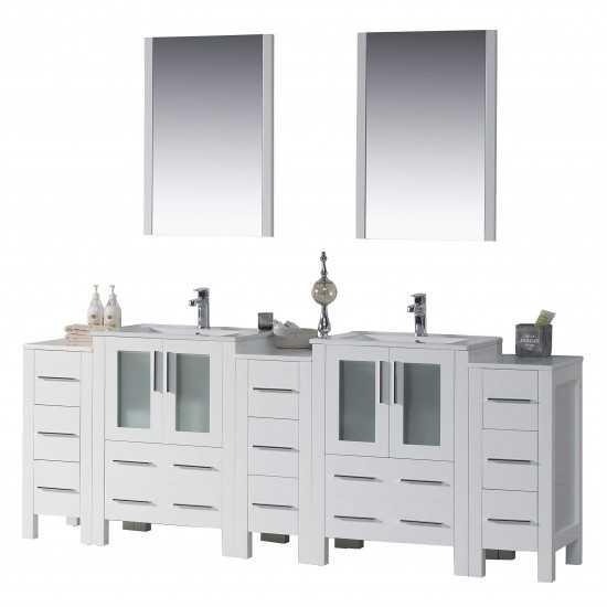 Sydney 84 Inch Vanity with Ceramic Double Sinks & Mirrors - White