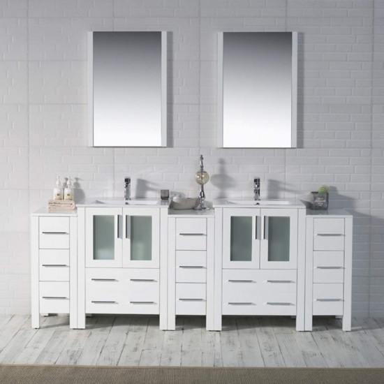 Sydney 84 Inch Vanity with Ceramic Double Sinks & Mirrors - White