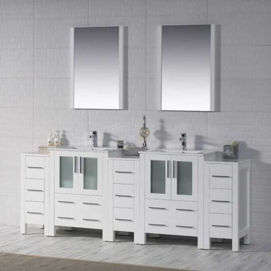 Sydney 84 Inch Vanity with Ceramic Double Sinks & Mirrors - White