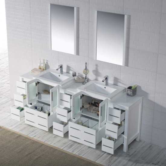 Sydney 84 Inch Vanity with Ceramic Double Sinks & Mirrors - White