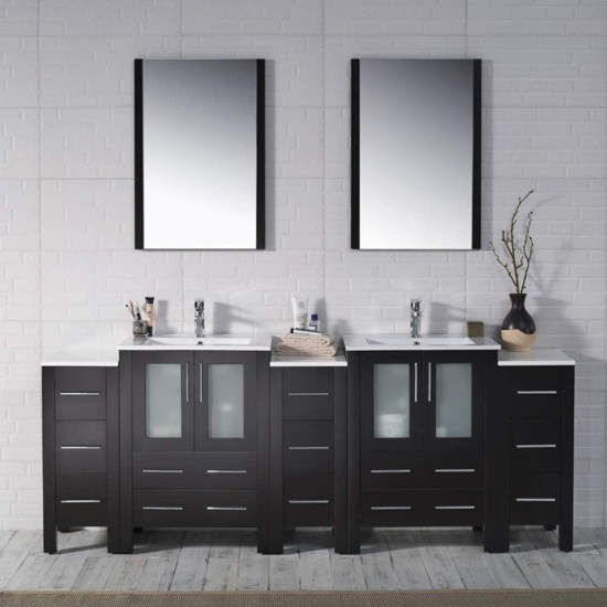 Sydney 84 Inch Vanity with Ceramic Double Sinks & Mirrors - Espresso