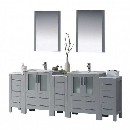 Sydney 84 Inch Vanity with Ceramic Double Sinks & Mirrors - Metal Gray